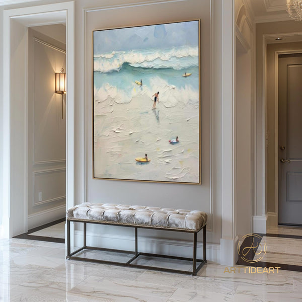 Textured Surf Wall Art Beach Swimming Art Framed Blue Beach Abstract Painting Summer Sea Wall Art Large Beach Landscape Painting Home Decor