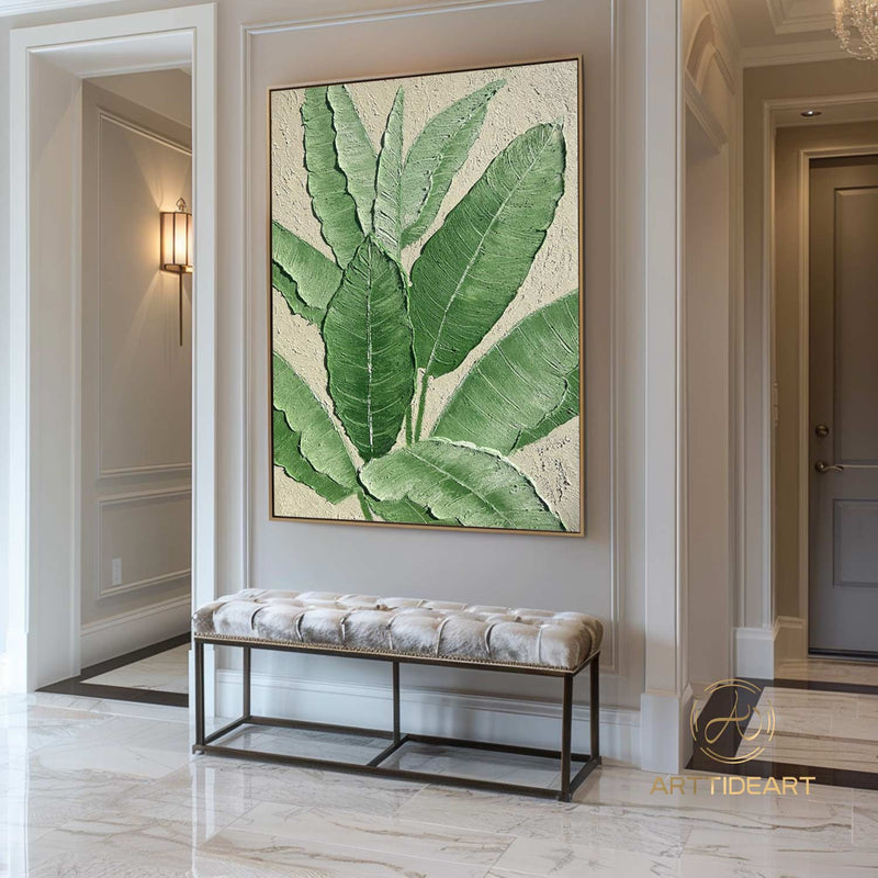 3D Minimalist Wabi Sabi Green Leaves Painting on Canvas Modern Minimalist Textured Wall Art Neutral Home Decor Large Living Room