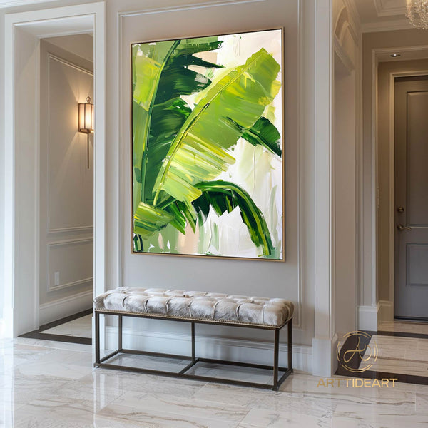 Modern Banana Leaf Canvas Oil Painting, 100% hand-painted custom artwork, landscape botanical paintings, living room wall decor fashionable