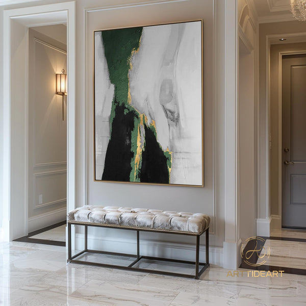 Large Original Abstract Painting Grey Green Gold Leaf Painting Minimalist Abstract Painting Extra Large Wall Canvas Painting For Living Room