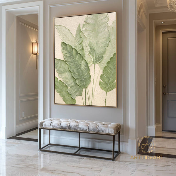 Organic-Style Tree Leaf Painting 3D Textured Art Banana Leaf Botanical Wall Art Abstract Painting Beige Green Original Plants Painting