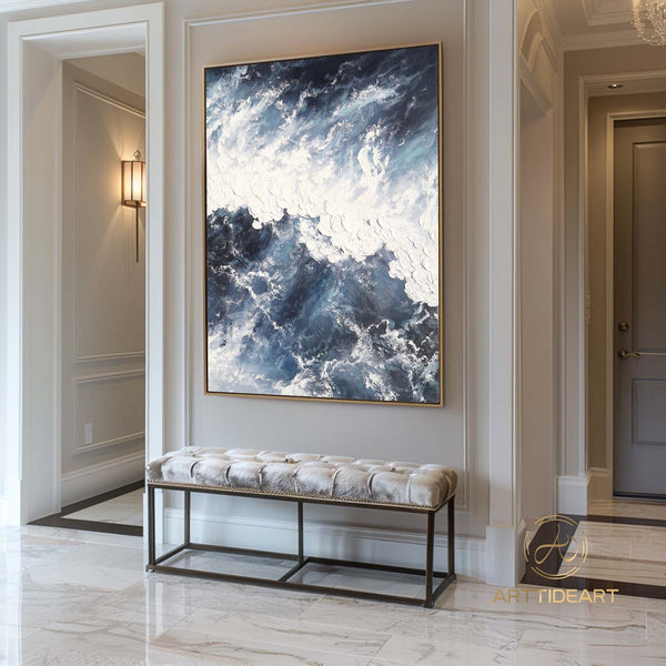 Large abstract ocean painting blue marine landscape painting ocean acrylic painting canvas painting for bedroom abstract wall art white art