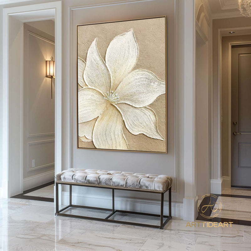 Large Original Flower Oil Painting On Canvas, Beigel Decor, Abstract Texture Floral Painting,Custom Painting, Modern Living Room Decor