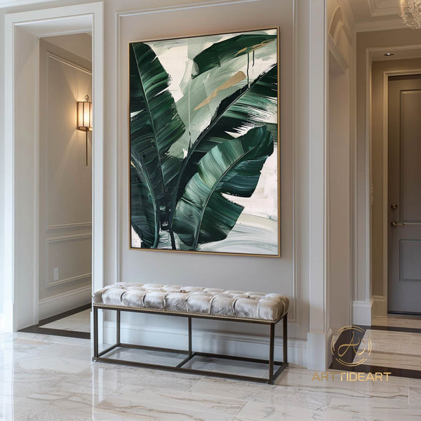 Modern Banana Leaf Canvas Oil Painting, 100% hand-painted custom artwork, landscape botanical paintings, living room wall decor fashionable