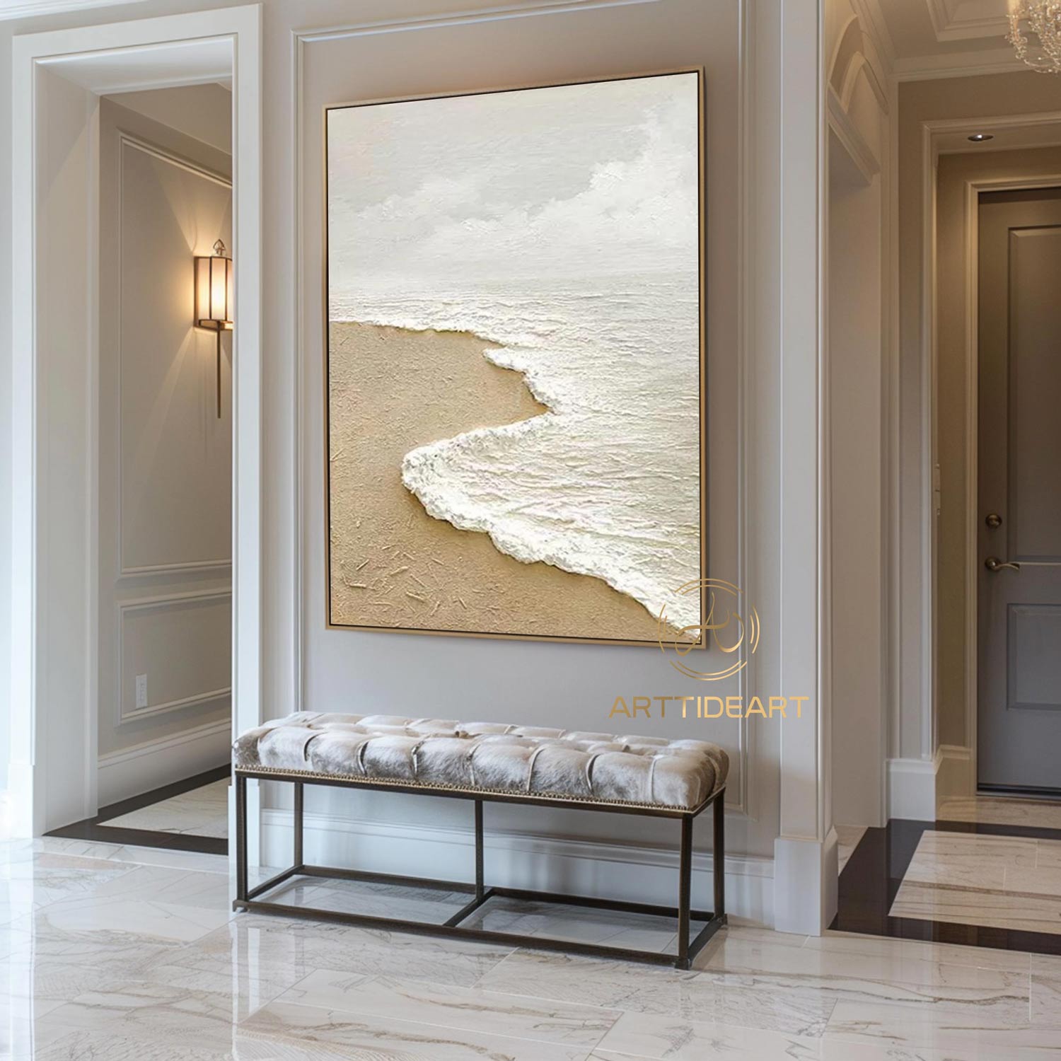 Sandy Beach Ocean Oil Painting On Canvas Blue Sky White Clouds Abstract Seascape Coastal Wall Art Acrylic Painting Large Wall Art Home Decor