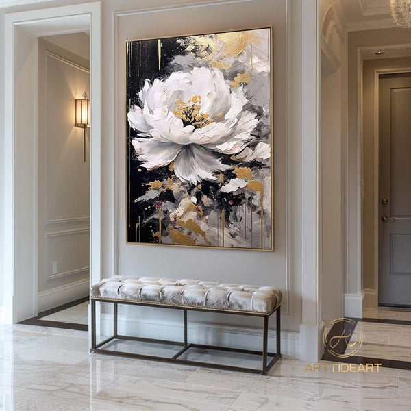 Abstract White Flower Oil Painting on Canvas, Large Wall Art, Original Floral Painting,Minimalist Art,Custom Painting,Living Room Decor Gift