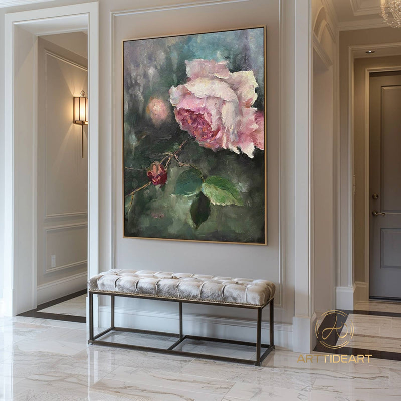 Large Original Rose Flower Oil Painting On Canvas, Abstract Pink Floral Painting, Boho Wall Décor, Custom Painting, Living room Wall Decor