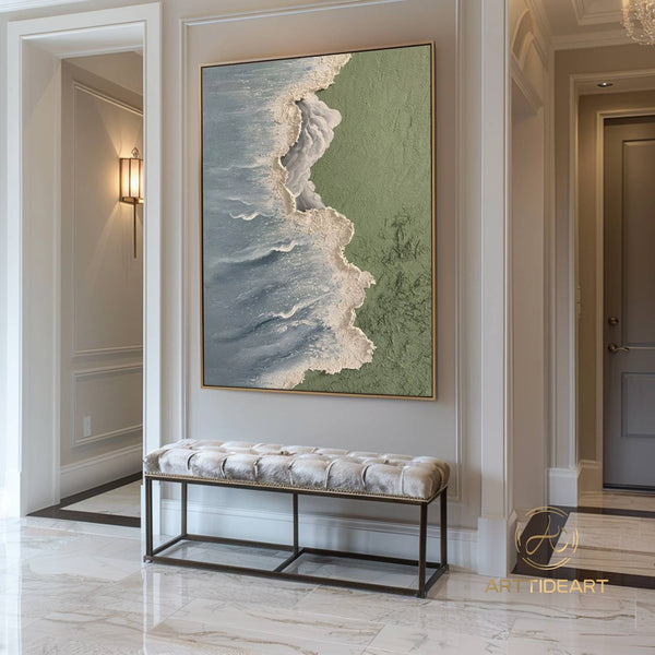 Light Green Sea Waves Beach Textured Painting On Canvas Original Ocean Beach Painting Seascape Wall Art Extra Large Wall Art Decor