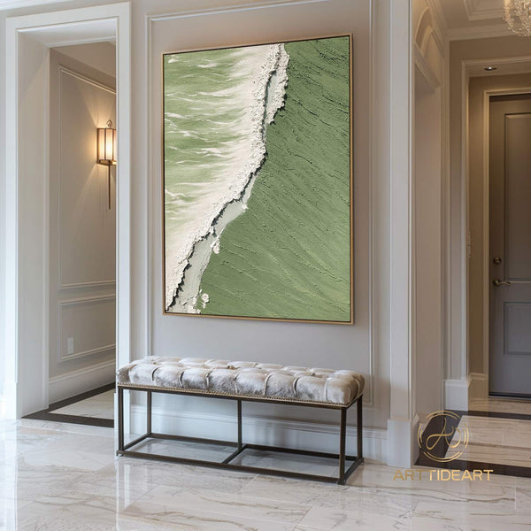 Green 3D Textured Sea Art White Waves Wabi-Sabi Minimalist Canvas Texture Art Beach Painting Mural Ocean Wave Canvas Wabi-Sabi Wall Art