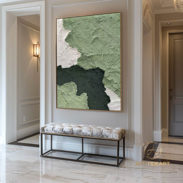 Green 3D Textured Painting 3D Minimalist painting Large White Abstract Painting White Minimalist Painting Modern abstract painting