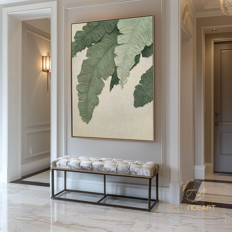 Large Nordic Green Beige abstract wall Green 3D texture painting abstract leaf painting modern living room abstract painting Minimalist Art