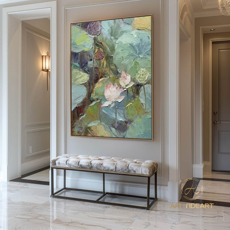 Original Pink Lotus Floral Painting on Canvas Calming Painting Abstract Lotus Zen Art Green Lotus Leaf Art Living Room Wall Art Summer Decor