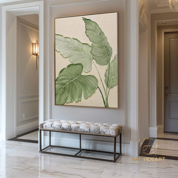 Original Green Leaf Painting Green Acrylic Canvas Framed Wall Art Hand Painted Leaf Landscape Oil Painting Living Room Home Wall Art Decor