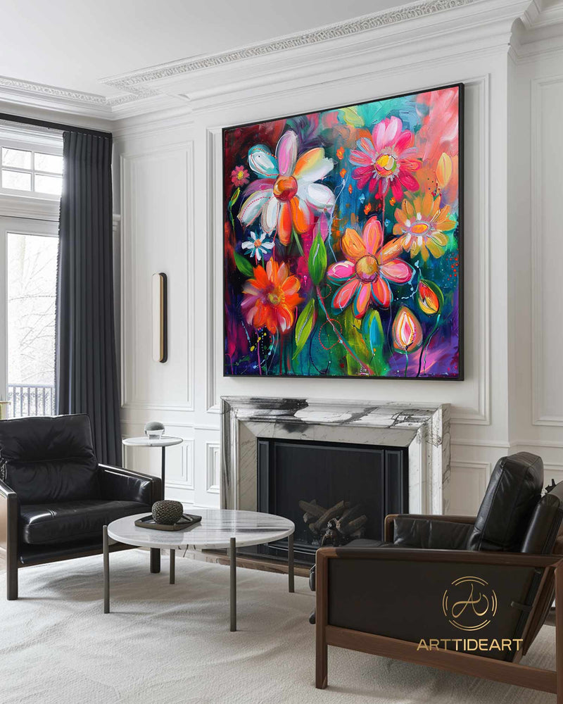 Colorful Flower Oil Painting on Canvas,Large Wall Art Abstract Original Pink Floral Landscape Art Custom Painting Modern Living Room Decor