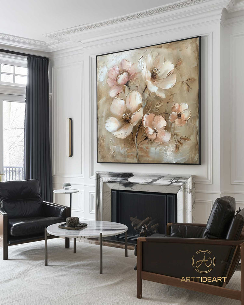 Original Flower Painting on Canvas Textured Wall Art Neutral Tone Custom Wall Art Floral Painting Modern Art Fancy Living Room Wall Art