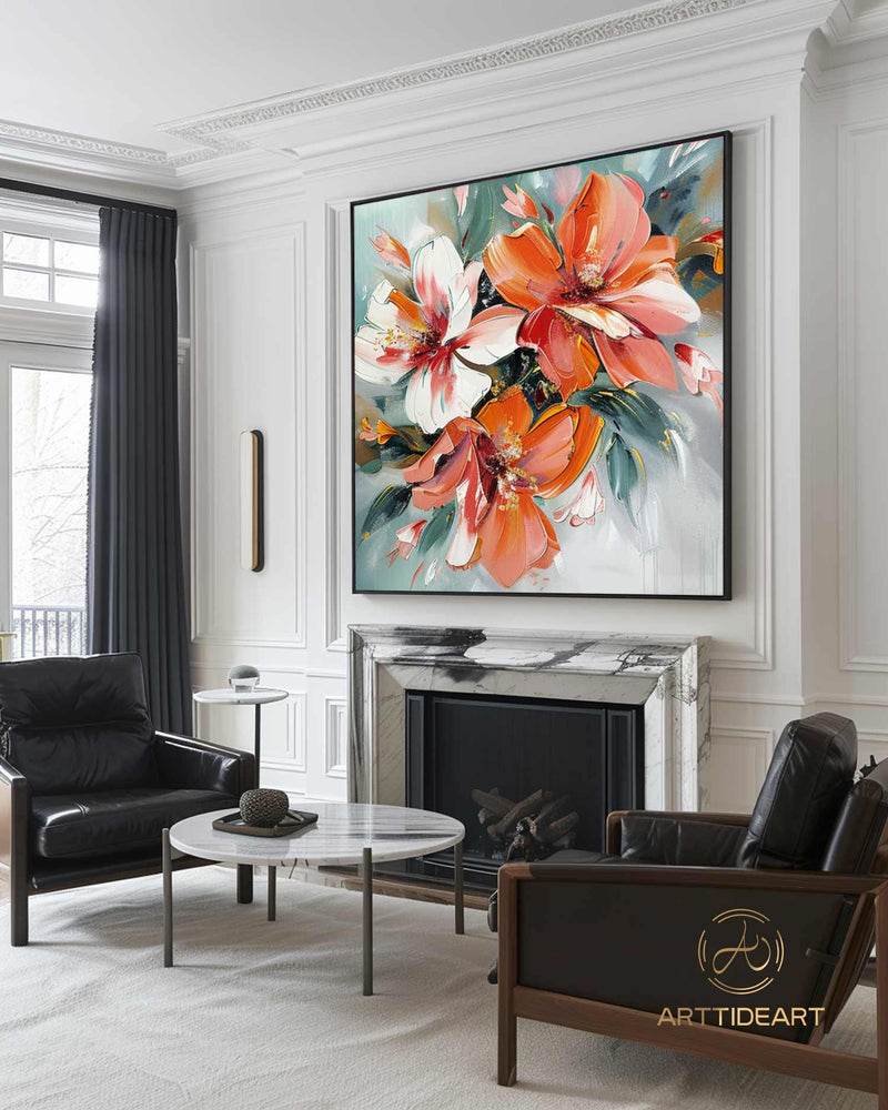 Abstract Orange Flower Oil Painting On Canvas Colorful Flower Textured Art Flower Minimalist Art Modern Living Room Decor Wall Art