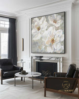 Large Abstract Flower Oil Painting on Canvas Wall Art,Original Textured Floral Wall Art White Painting Modern Wall Decor Living Room Art