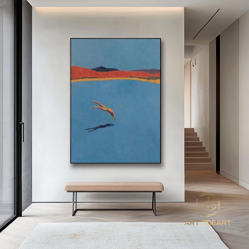 A man diving into the sea blue ocean painting vintage retro painting blue minimalist painting landscape painting holiday style blue wall art