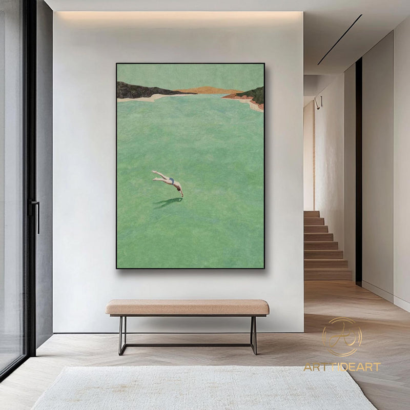 A man diving into the sea green ocean painting vintage retro painting green minimalist painting landscape painting holiday style wall art