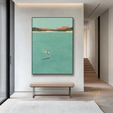 A man diving into the sea green ocean painting vintage retro painting green minimalist painting landscape painting holiday style wall art