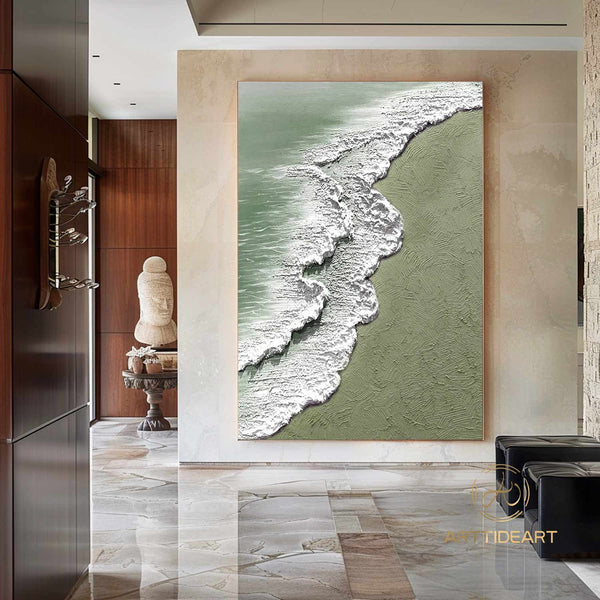 Green 3D Textured Sea Art White Waves Wabi-Sabi Minimalist Canvas Texture Art Beach Painting Mural Ocean Wave Canvas Wabi-Sabi Wall Art