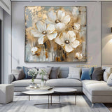 Large Original Gold Flower Oil Painting On Canvas, Canvas Wall Art, Abstract White Floral Painting,Custom Painting, Modern Living Room Decor