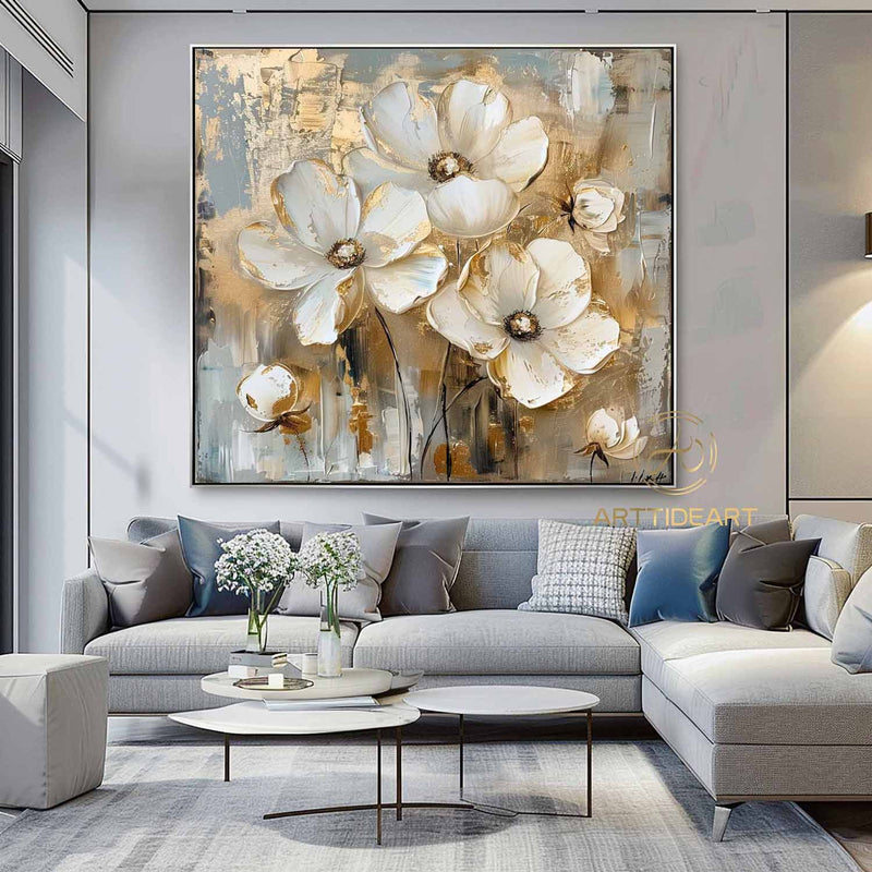 Large Original Gold Flower Oil Painting On Canvas, Canvas Wall Art, Abstract White Floral Painting,Custom Painting, Modern Living Room Decor