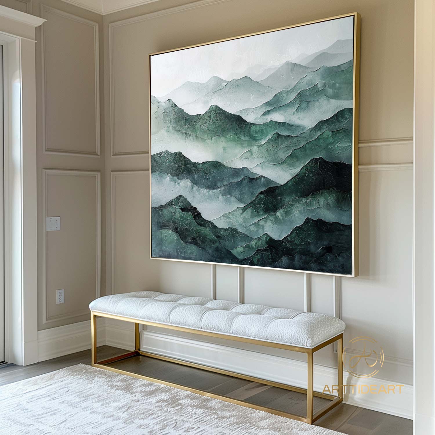 Large Abstract Oil Painting on Canvas Mountain River Landscape Painting Modern Texture Wall Art Original Green Wall Art Custom Gift Painting