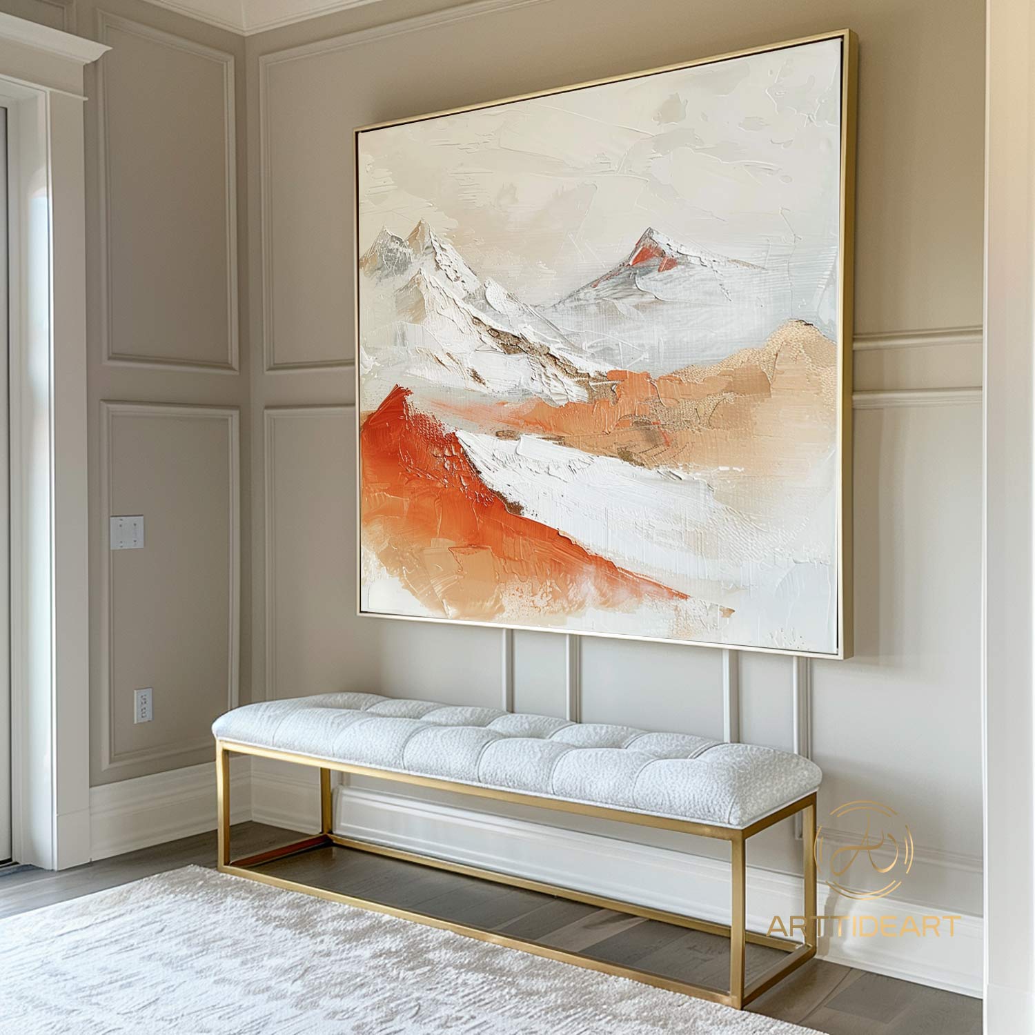 Original 3D Beige Mountain Painting on Canvas Framed Plaster Style Textured Wall Art Orange Wabi-Sabi Living Room Decor Boho Modern Canvas