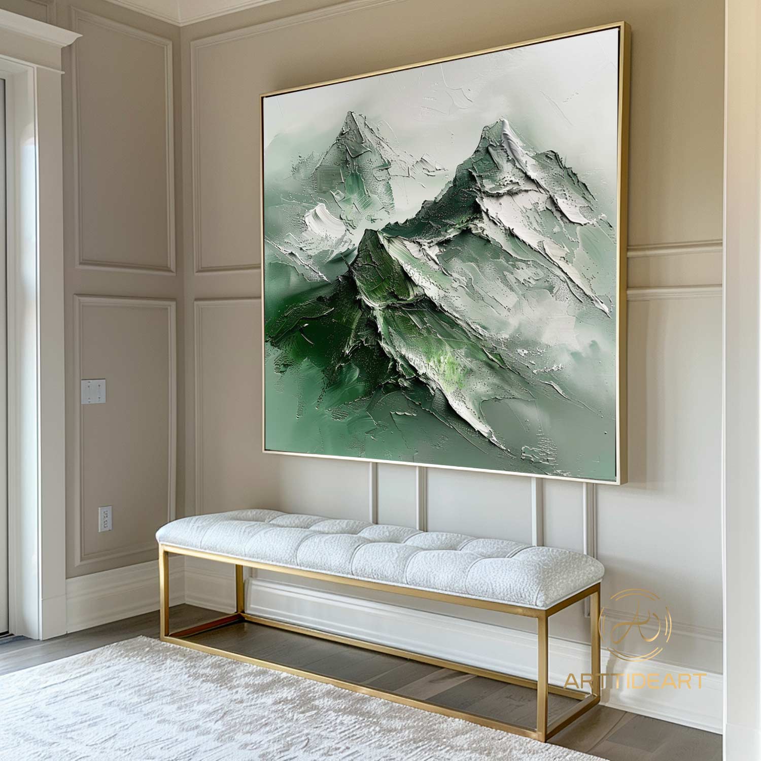 Green Abstract Mountain Painting On Canvas,Wabi Sabi Wall Art,Green And Beige Heavy Texture Mountain Painting,Minimalist Painting,Home Decor