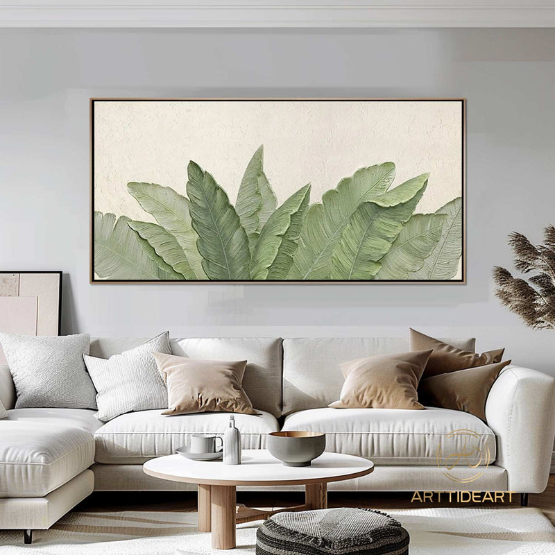 Green Leaf Textured Canvas Art Green Wall Art Framed Minimalist Leaf Landscape Painting 3D Texture Painting Boho Living Room Wall Art Decor