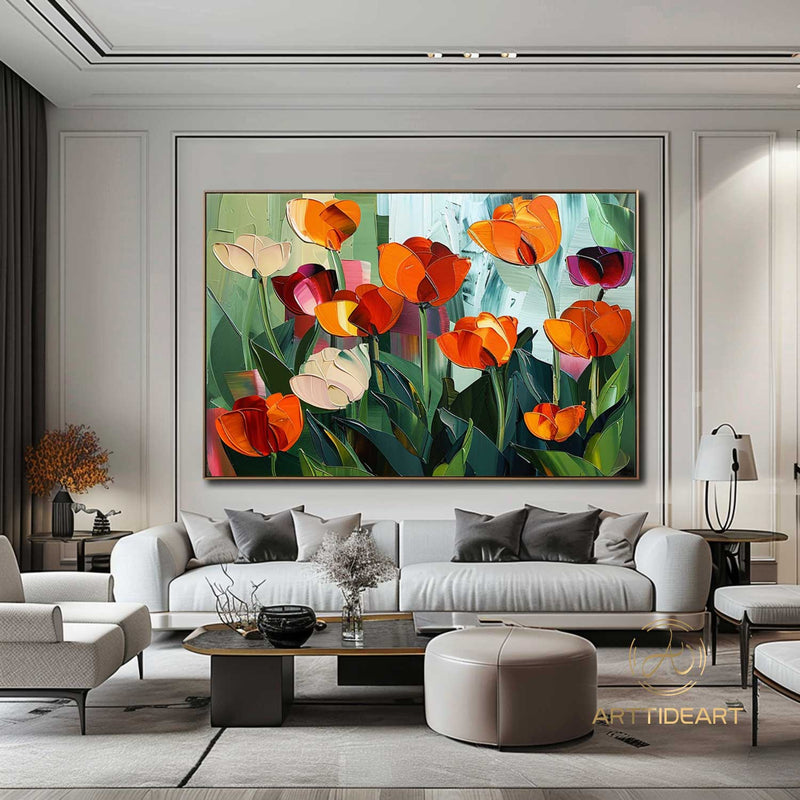 Colorful Floral Canvas Art, Vibrant Flower Painting on Canvas, Textured Acrylic Painting, Impasto Cheerful Floral Art, Living Room Wall Art