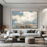 Extra Large Abstract White Cloud Painting,Blue Sky Art Original Seaside Landscape Painting Sky And Sea Art canvas painting for living room