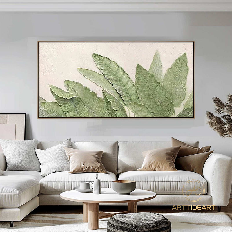 Green Leaf Textured Canvas Art Green Wall Art Framed Minimalist Leaf Landscape Painting 3D Texture Painting Boho Living Room Wall Art Decor