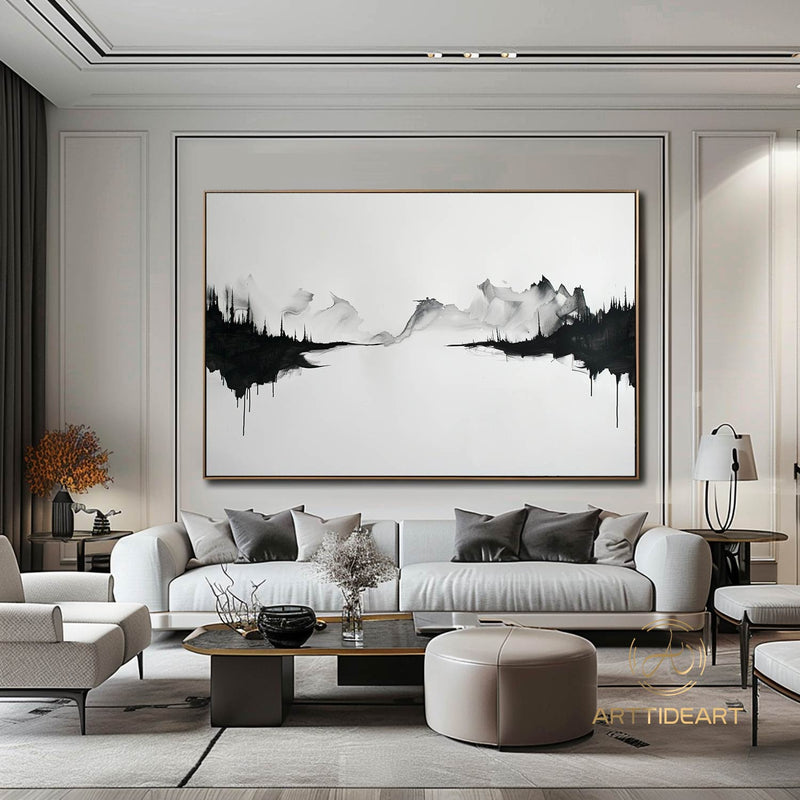 Black  White Abstract Original Texture Oil Painting on Canvas, Large Minimalist Wall Art, Landscape Acrylic Custom Painting, Modern Living Room Decor