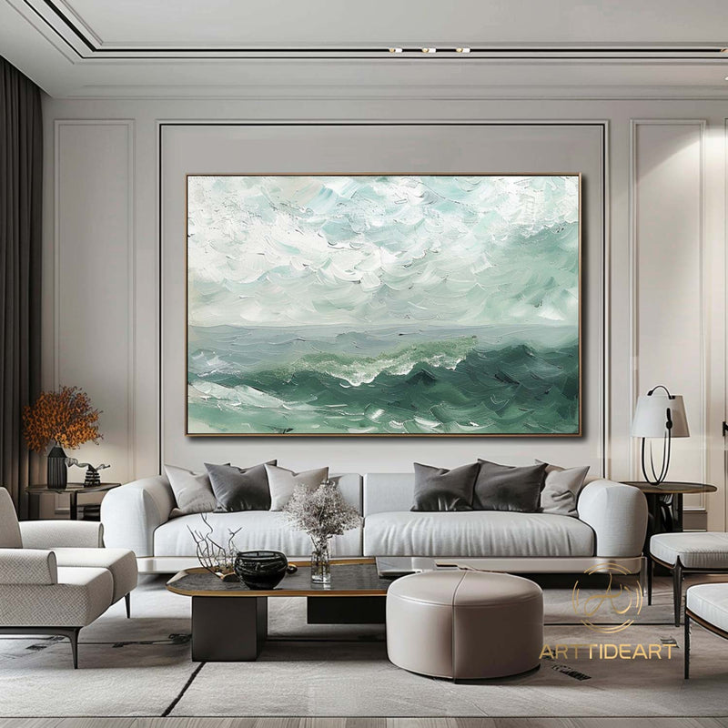 Large Sky And Sea Painting White Cloud Minimalist Painting Green Landscape Abstract painting Ocean Abstract Painting Living Room Wall Art