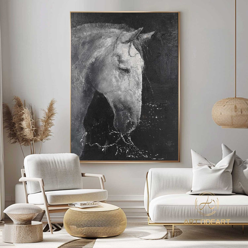 White & Black Horse Oil Painting,Horse Painting Original,Animal oil art,Acrylic Abstract Oil Painting,Wall Decor Living Room,Office Wall Art