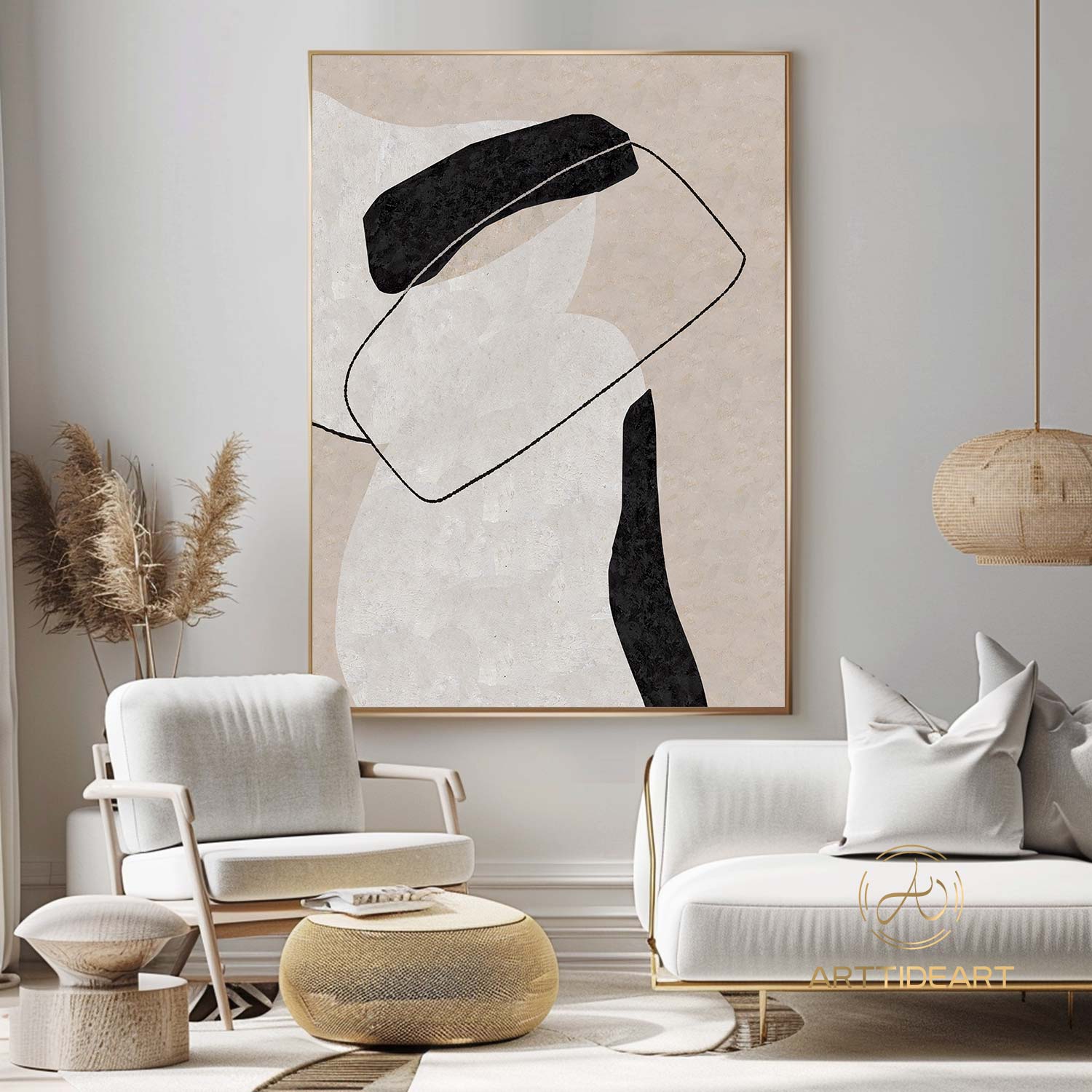 Large Milimalist Abstract Painting,Black White Beige Minimalist Painting On Canvas,Textured Painting Abstract Art, Modern Living Room Decor