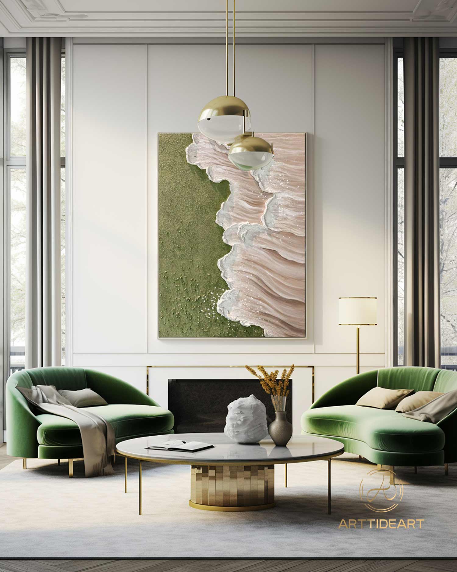 Modern Abstract Wave Paintings Textured Beige Canvas Art Green Beach Wall Art Ocean Wave Art Coastal Seascape Paintings Contemporary Art