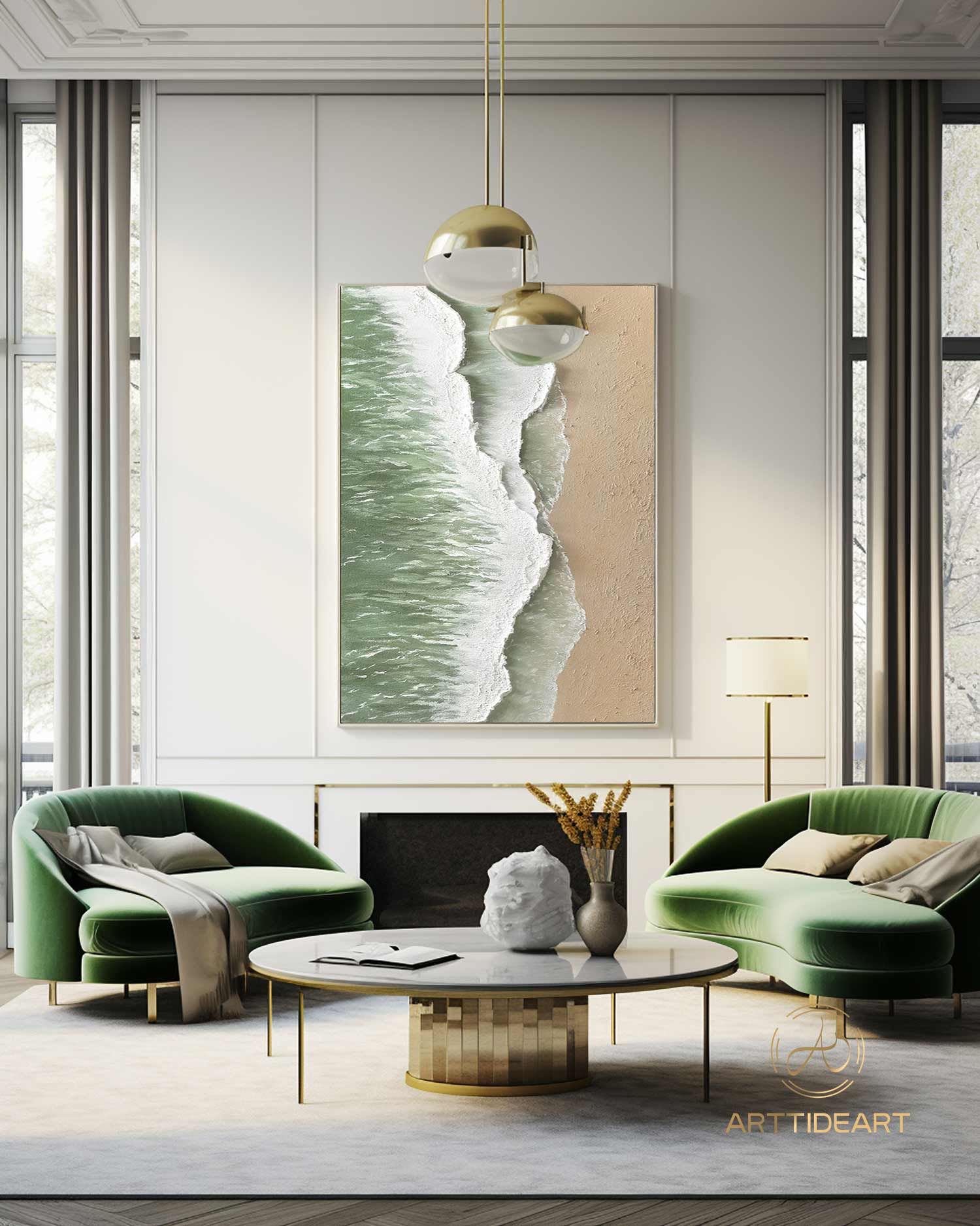Large Green Coastal Wall Decor Abstract Green Beach Painting Acrylic Framed Ocean Wave Canvas Painting 3D Texture Abstract Beach Canvas Art