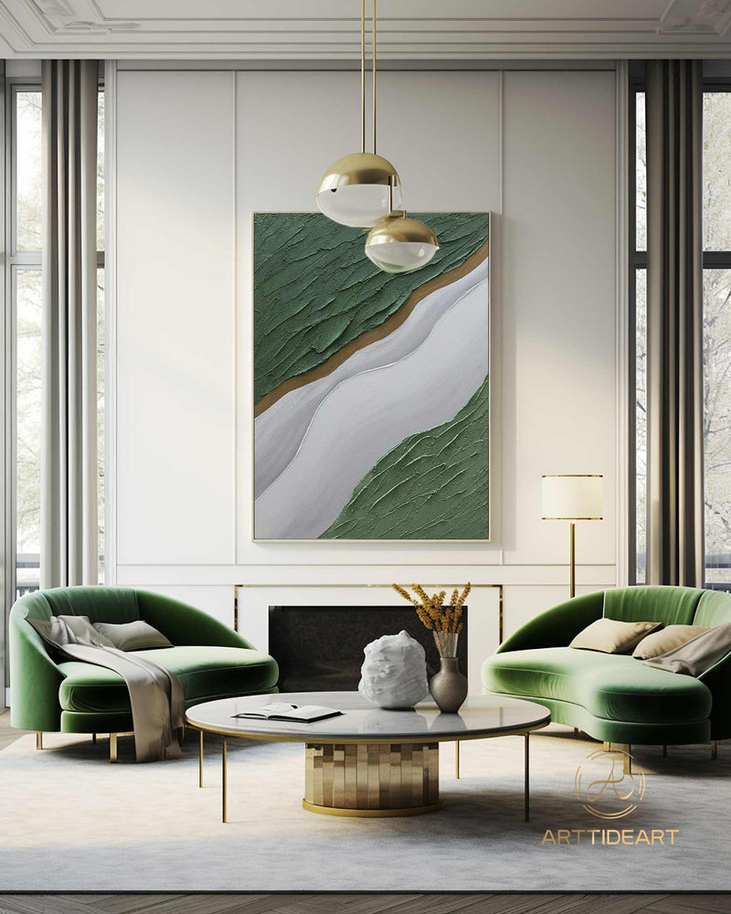 3D Ocean Wave Green Texture Oil Painting Wabi-Sabi Art Abstract Art Living Room Decor Hand-painted Modern Abstract Original Canvas painting