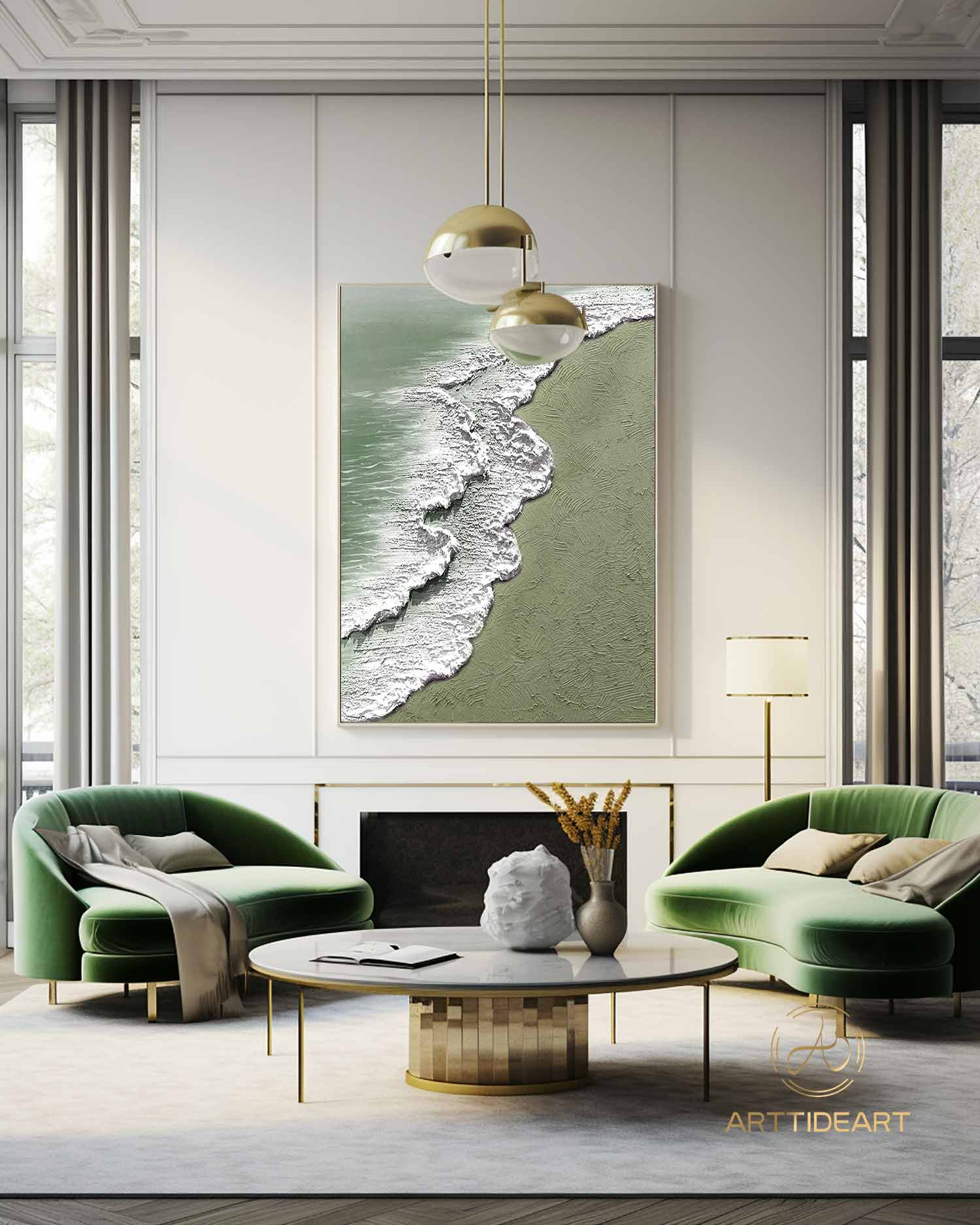 Green 3D Textured Sea Art White Waves Wabi-Sabi Minimalist Canvas Texture Art Beach Painting Mural Ocean Wave Canvas Wabi-Sabi Wall Art