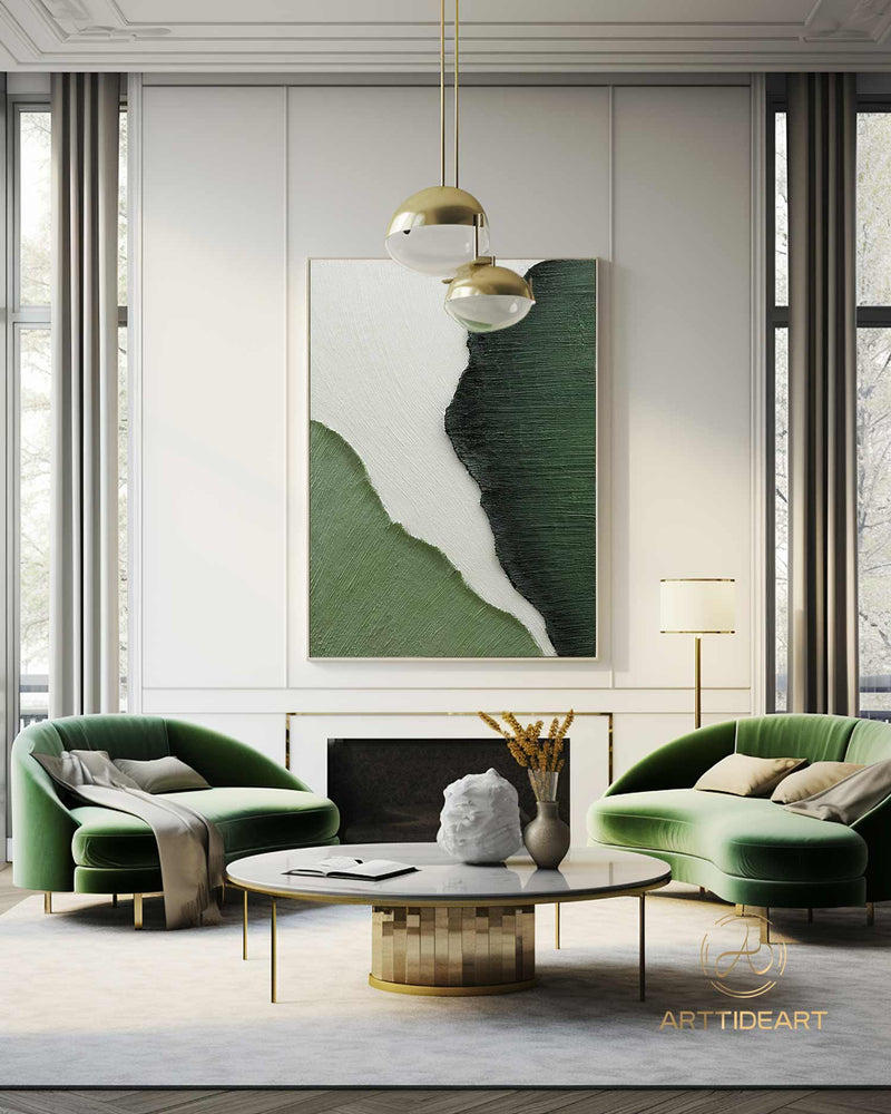 3D Green Texture Painting, Large Nordic Green White abstract wall Art, Green White painting, Modern living room abstract painting