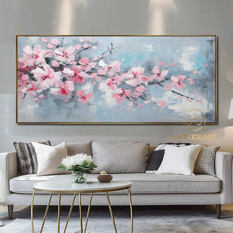 Abstract Cherry Flower Oil Painting on Canvas, Large Wall Art, Original Blossom Floral Art Pink Painting Custom Painting Living Room Decor