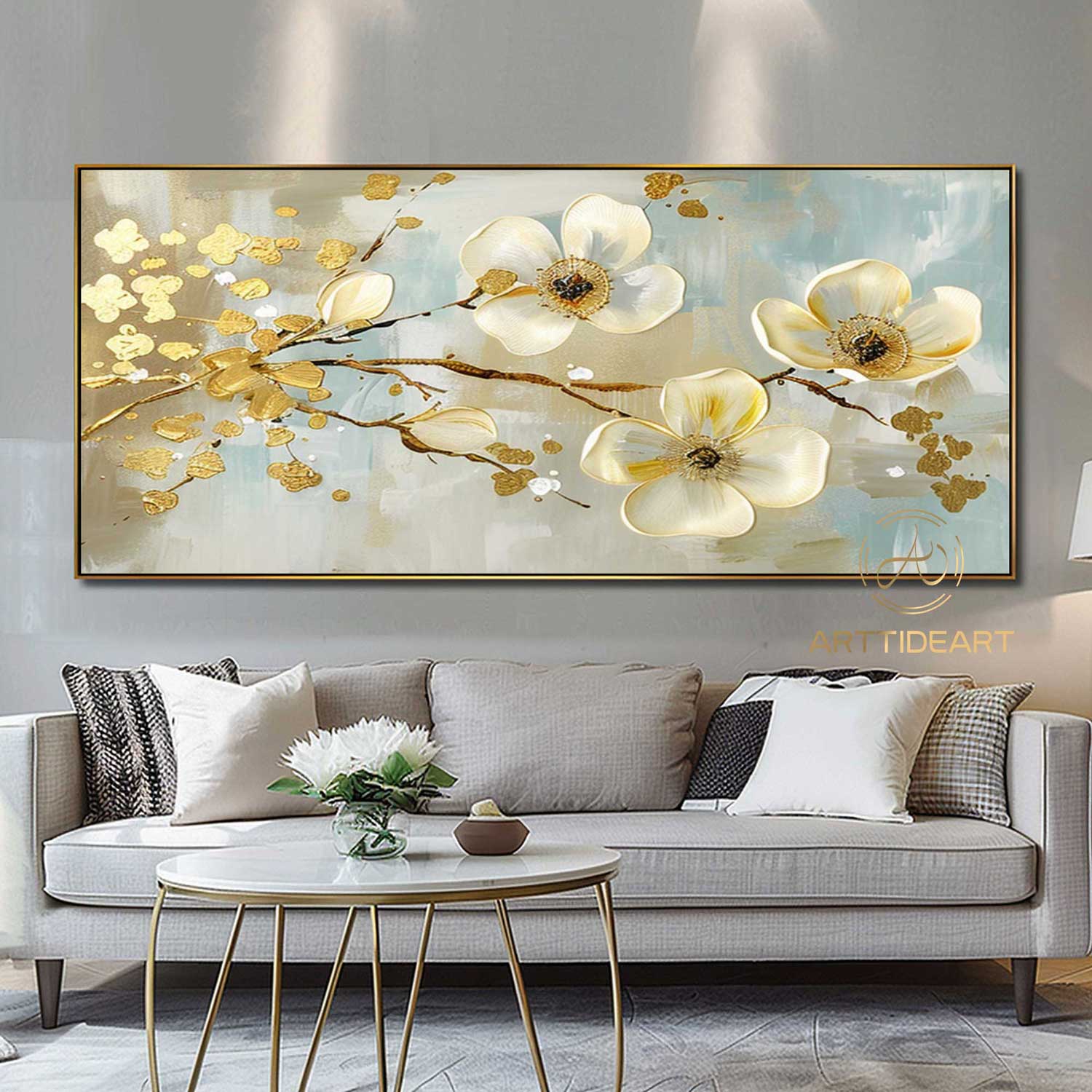 Large Original Flower Oil Painting On Canvas, White Texture Wall Decor, Abstract Floral Painting, Custom Painting, Modern Living Room Decor