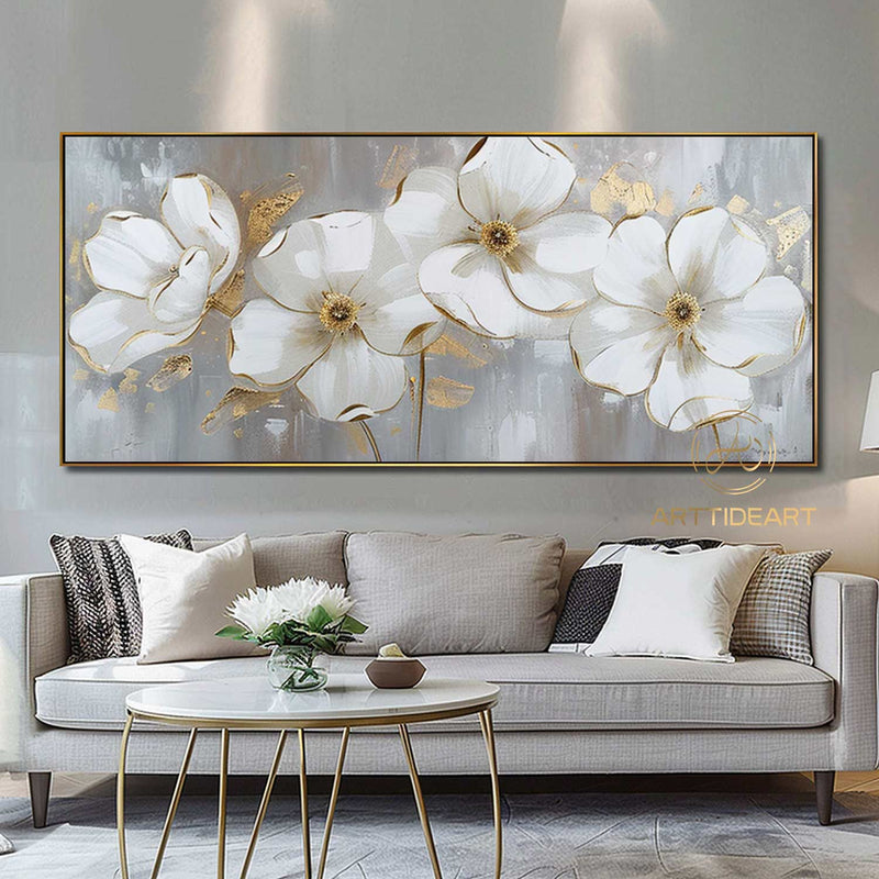 Abstract Blossom Floral Painting on Canvas,Large Original Textured Flower Painting White Flower Acrylic Painting Living Room Wall Art Decor