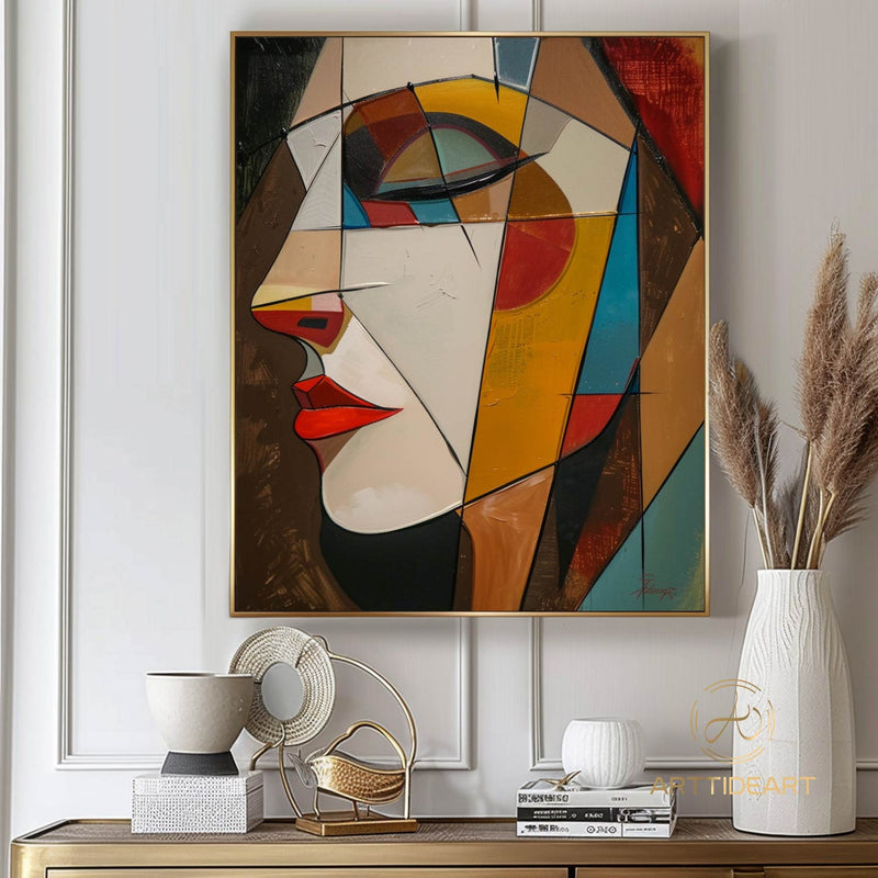 Colorful Woman Face Painting Large Figure Wall Art Female Portrait Textured Painting on Canvas Palette Knife Texture Art Modern Wall Decor