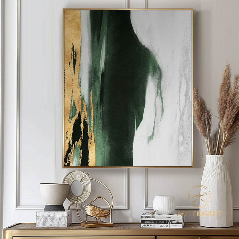 Original Acrylic Abstract Painting Green Gold White Neutral Abstract Canvas Art Gold Leaf Abstract Painting Extra Large Abstract Painting