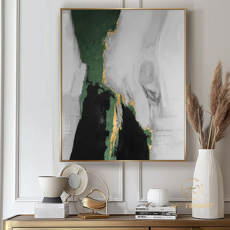 Large Original Abstract Painting Grey Green Gold Leaf Painting Minimalist Abstract Painting Extra Large Wall Canvas Painting For Living Room