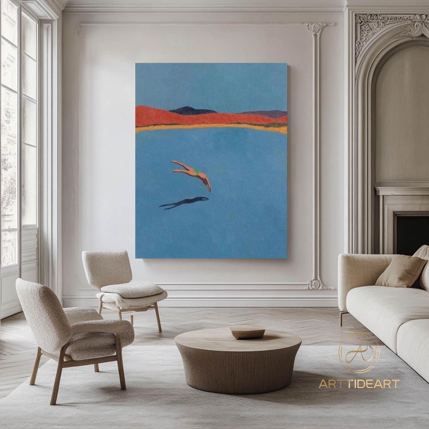 A man diving into the sea blue ocean painting vintage retro painting blue minimalist painting landscape painting holiday style blue wall art